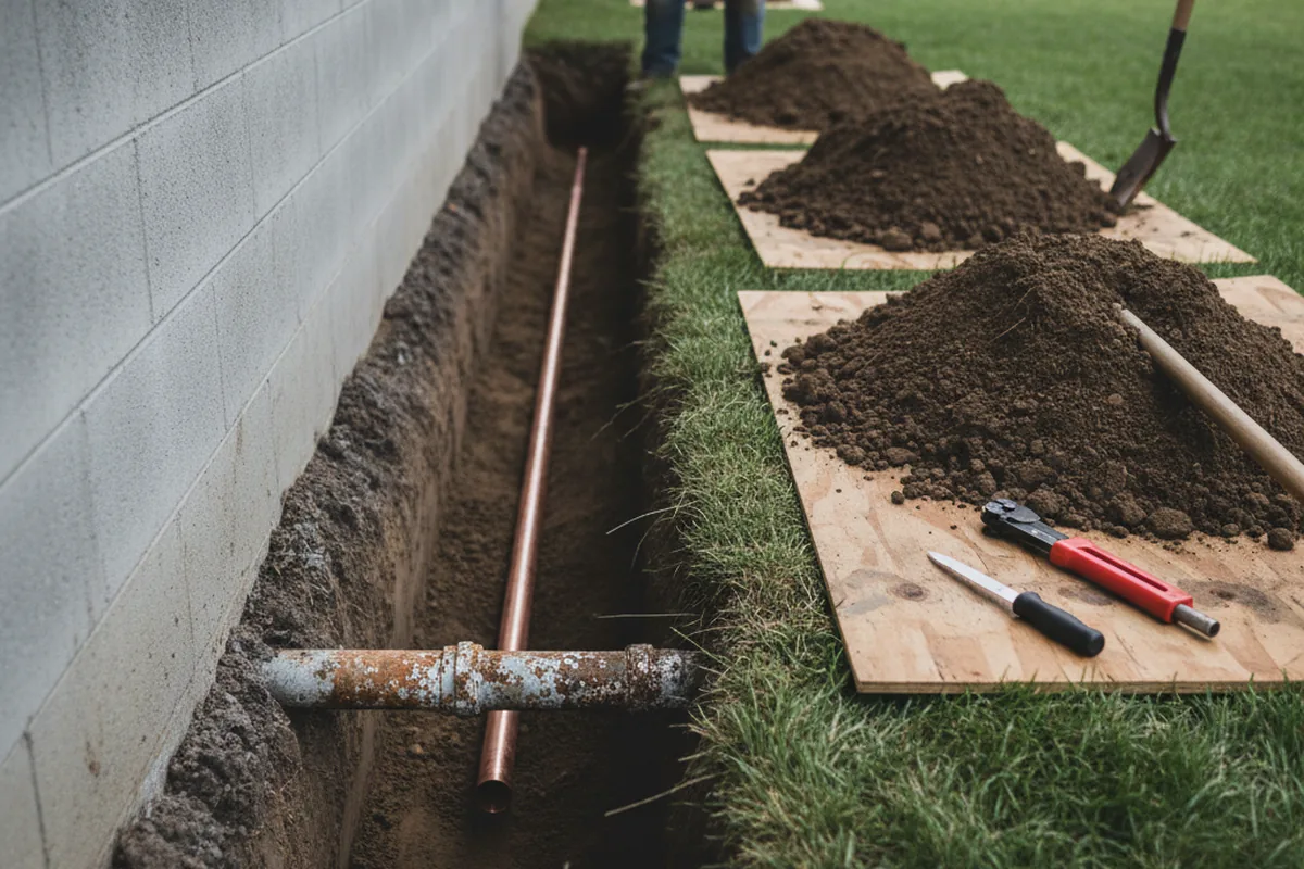 Excavated water line trench during Sewer Line Repair in Primghar
